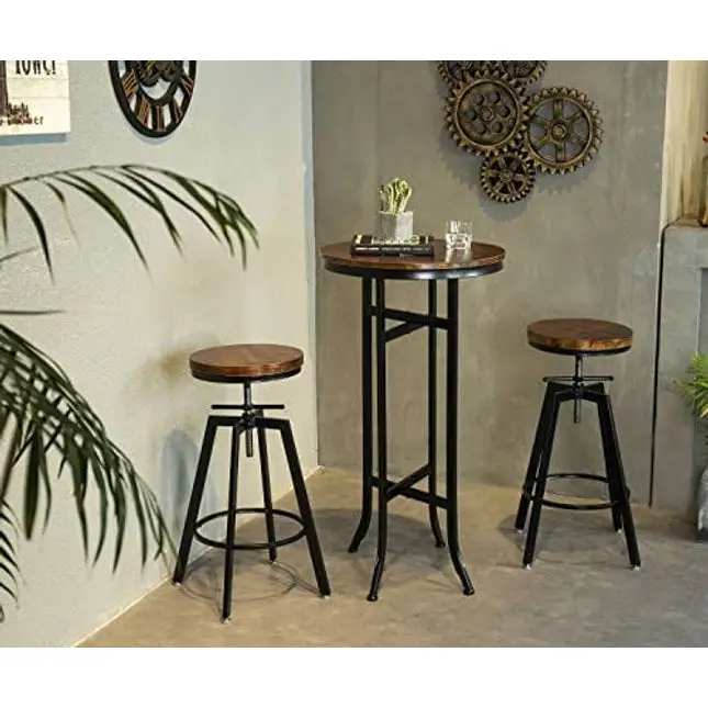 GIMHAI HOME Bar Height Round Tables,Pub Bistro Cocktail Pedestal Table,Kitchen, Dining&Living Room Table - Black Metal Base - Natural Wood Top - Rustic Brown (022 bar Table)