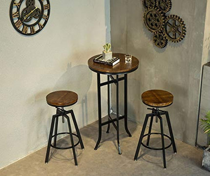 GIMHAI HOME Bar Height Round Tables,Pub Bistro Cocktail Pedestal Table,Kitchen, Dining&Living Room Table - Black Metal Base - Natural Wood Top - Rustic Brown (022 bar Table)