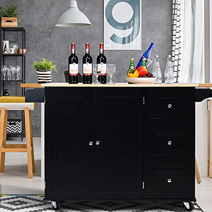 GLACER Kitchen Island Cart on Wheels, Rolling Kitchen Island with Drop Leaf Top, Kitchen Trolley Cart with Drawers, Towel Rack & Bottle Rack, 53.5 x 30 x 36 inches (Black)