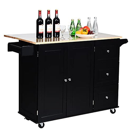 GLACER Kitchen Island Cart on Wheels, Rolling Kitchen Island with Drop Leaf Top, Kitchen Trolley Cart with Drawers, Towel Rack & Bottle Rack, 53.5 x 30 x 36 inches (Black)