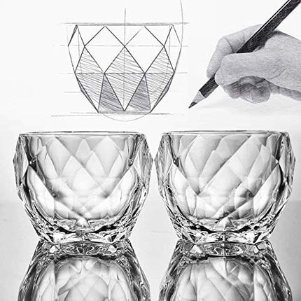 GLASKEY Unique Whiskey Glasses Set of 4, 12 oz Extra Wide Heavy Sturdy Scotch Glasses for Men, Diamond Look Lead-free Bourbon Glasses Fits Big Ice Ball (4 Pack, Clear)
