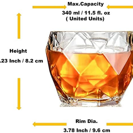 GLASKEY Unique Whiskey Glasses Set of 4, 12 oz Extra Wide Heavy Sturdy Scotch Glasses for Men, Diamond Look Lead-free Bourbon Glasses Fits Big Ice Ball (4 Pack, Clear)