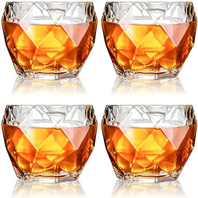GLASKEY Unique Whiskey Glasses Set of 4, 12 oz Extra Wide Heavy Sturdy Scotch Glasses for Men, Diamond Look Lead-free Bourbon Glasses Fits Big Ice Ball (4 Pack, Clear)