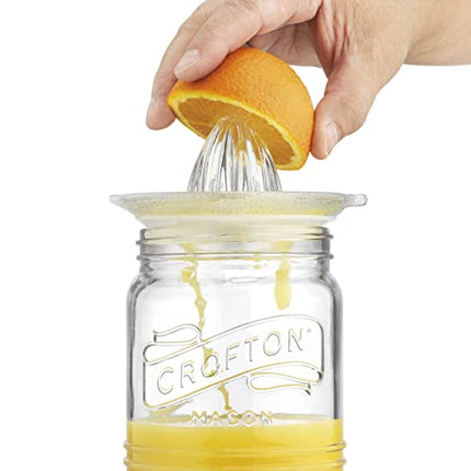 Mason Jar Glass Citrus Juicer with Stainless Steel Seal Lid 3-Piece Glavers Original Mason Glass 33.8 Oz. Canning Jar with Reamer and Lid - Lemon Juicer with Manual Squeezer, For Orange Juice, and Lemonade.