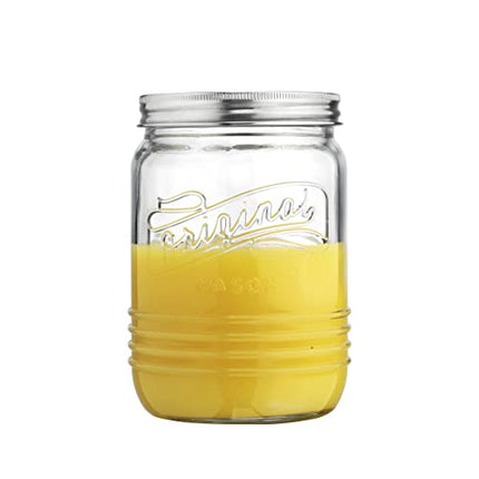 Mason Jar Glass Citrus Juicer with Stainless Steel Seal Lid 3-Piece Glavers Original Mason Glass 33.8 Oz. Canning Jar with Reamer and Lid - Lemon Juicer with Manual Squeezer, For Orange Juice, and Lemonade.