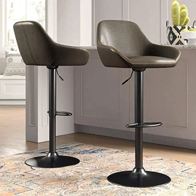 glitzhome Mid Century Bar Stools Set of 2 Vintage Swivel Leather Adjustable Bar Chair with Backrest and Footrest, Modern Pub Kitchen Counter Height Barstools, Dark Grey