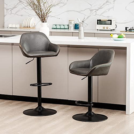 glitzhome Mid Century Bar Stools Set of 2 Vintage Swivel Leather Adjustable Bar Chair with Backrest and Footrest, Modern Pub Kitchen Counter Height Barstools, Dark Grey