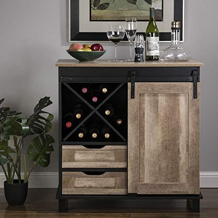 glitzhome Rustic Wine Cabinet with Storage 2-Sections Wood Bar Cabinet with Wine Storage Home Bar Liquor Alcohol Cabinet with Drawers Wine Display Sideboard for Kitchen Dining Room, 31.5”L