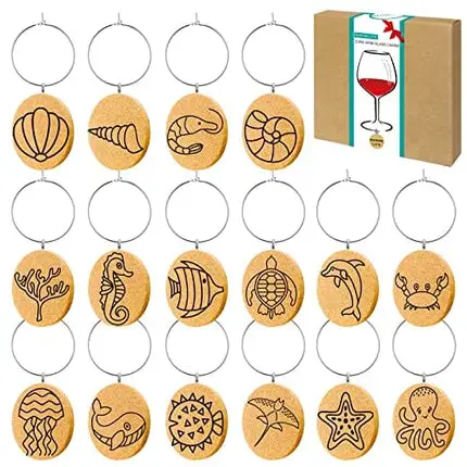 Gnollko 16pcs Beach Wine Glass Charms,Cork Wine Charms for Stem Glasses,Wine Glass Markers Tags,Wine Tasting Party Gifts Favors Decorations Supplies
