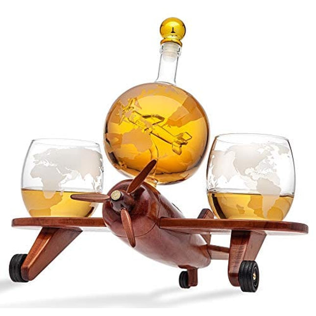 Godinger Whiskey Decanter Airplane Globe Set with 2 World Whiskey Glasses - for Liquor Scotch Bourbon Vodka