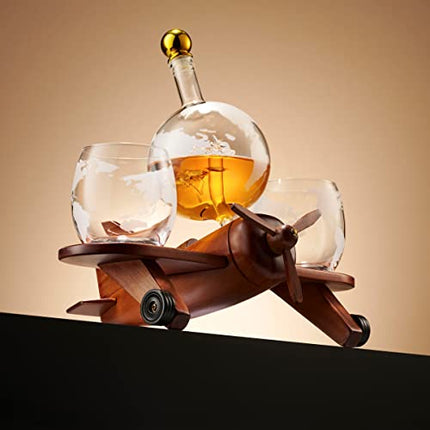 Godinger Whiskey Decanter Airplane Globe Set with 2 World Whiskey Glasses - for Liquor Scotch Bourbon Vodka