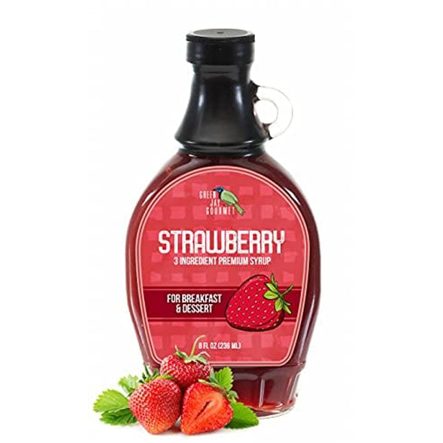Green Jay Gourmet Strawberry Syrup - 3 Ingredient Premium Breakfast Syrup with Fresh Strawberries, Cane Sugar & Lemon Juice - All-Natural, Non-GMO Pancake Syrup, Waffle Syrup & Dessert Syrup - 8 Ounce