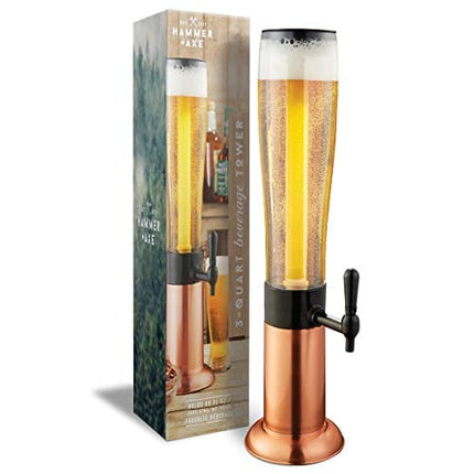 Hammer + Axe Beer Tower Drink Dispenser with Pro-Pour Tap and Freeze Tube to Keep Beverages Ice Cold, Perfect for Parties and Gameday, Home Bar Accessories, 2.75 Qt./2.6 L, Copper Finish, Holiday Gift