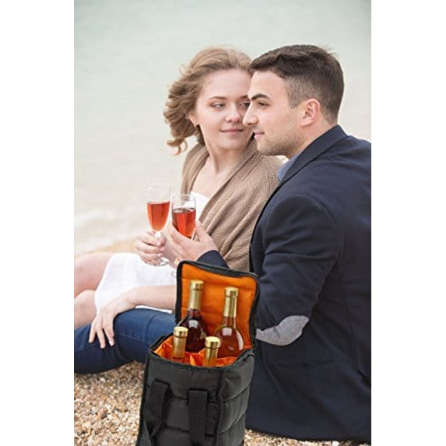 Wine Carrier Tote Bag - 4 Bottle Pockets - Attractive wine bag with thick external padding, zipper and easy to carry handles. The wine tote bag is perfect for travel, picnics or a day at the beach.