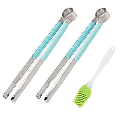 HANSA Blue Color 2PCS Stainless Steel Food Ice Tong Baking BBQ Tongs Cooking Utensils with ABS Plastic Handle 9 Inch came with Silicone Basting Brush for Grilling