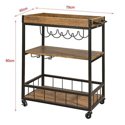 Haotian FKW56-N, Bar Serving Cart, Home Myra Rustic Mobile Kitchen Serving cart with Removable Tray, Industrial Vintage Style Wood Metal Serving Trolley (Brown)