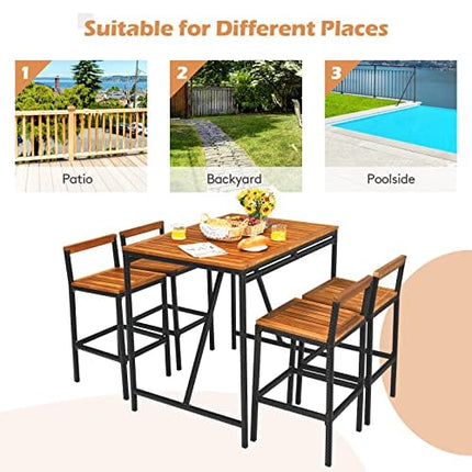 HAPPYGRILL 5 Pieces Patio Bar Table Set with Umbrella Hole Acacia Wood High-Dining Bistro Set with 4 Bar Stool, PE Wicker Outdoor Bar Set
