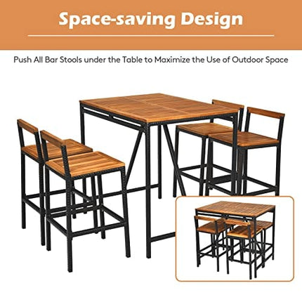 HAPPYGRILL 5 Pieces Patio Bar Table Set with Umbrella Hole Acacia Wood High-Dining Bistro Set with 4 Bar Stool, PE Wicker Outdoor Bar Set