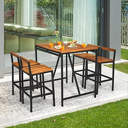 HAPPYGRILL 5 Pieces Patio Bar Table Set with Umbrella Hole Acacia Wood High-Dining Bistro Set with 4 Bar Stool, PE Wicker Outdoor Bar Set