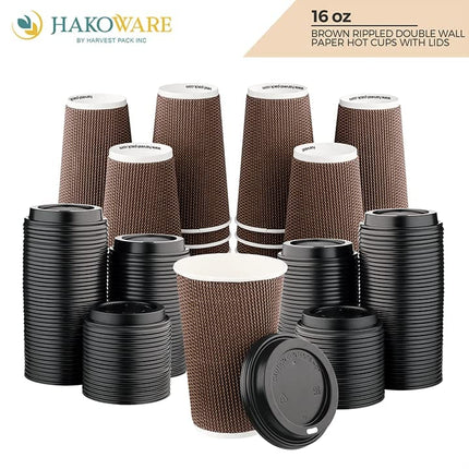 Harvest Pack GOURMET SHOWCASE [85 COUNT] HAKOWARE 16 oz Disposable Coffee Cups, Insulated Ripple Double-Walled Paper Cup with Lid, Brown Geometric, Tea Hot Chocolate Drinks To go