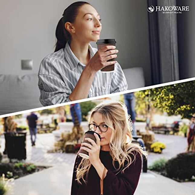 Harvest Pack GOURMET SHOWCASE [85 COUNT] HAKOWARE 16 oz Disposable Coffee Cups, Insulated Ripple Double-Walled Paper Cup with Lid, Brown Geometric, Tea Hot Chocolate Drinks To go