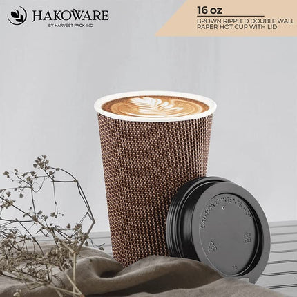 Harvest Pack GOURMET SHOWCASE [85 COUNT] HAKOWARE 16 oz Disposable Coffee Cups, Insulated Ripple Double-Walled Paper Cup with Lid, Brown Geometric, Tea Hot Chocolate Drinks To go