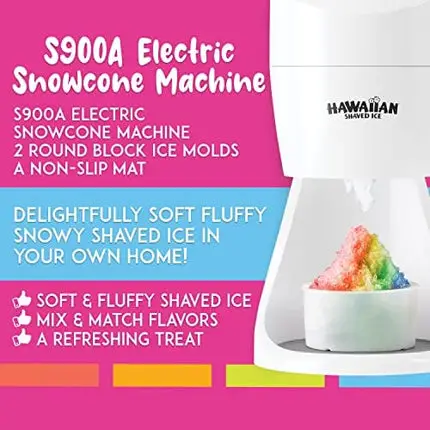 Hawaiian Shaved Ice S900A Snow Cone and Shaved Ice Machine with 2 Reusable Plastic Ice Mold Cups, Non-slip Mat, Instruction Manual, 1-year Manufacturer’s Warranty, 120V, White