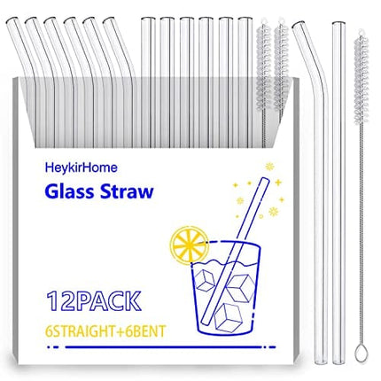 HeykirHome 12-Pack Disposable Glass Straw,Size 8.5''x10 MM,Including 6 Straight and 6 Bent with 2 Cleaning Brush- Perfect For Smoothies, Tea, Juice
