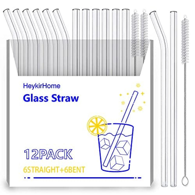 HeykirHome 12-Pack Disposable Glass Straw,Size 8.5''x10 MM,Including 6 Straight and 6 Bent with 2 Cleaning Brush- Perfect For Smoothies, Tea, Juice