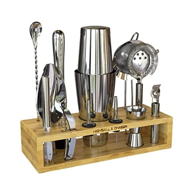 Highball & Chaser 13-Piece Boston Cocktail Shaker Set Stainless Steel Mixology Bartender Kit With Stand For Home Bar Cocktail Set | Laser Engraved Cocktail Tools | Plus E-Book with 30 Cocktail Recipes