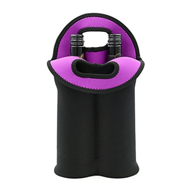 Hipiwe Wine Carrier Tote Bag Two Bottle Insulated Neoprene Wine/Water Bottle Holder for Travel with Secure Carry Handle (Blake+ Purple)