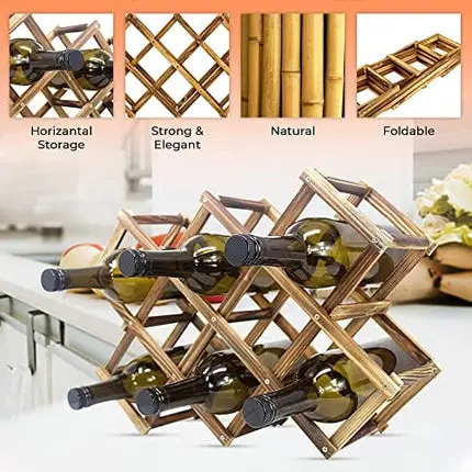 Foldable Wooden Wine Bottle Holder - Natural Wine Rack with 8 Slots - Wine Bottle Rack & Storage - Holds 10 Wine Bottles