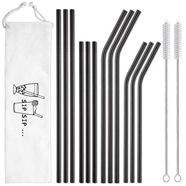 Hiware 12-Pack Black Stainless Steel Straws Reusable with Case - Metal Drinking Straws for 30oz and 20oz Tumblers Yeti Dishwasher Safe, 2 Cleaning Brushes Included