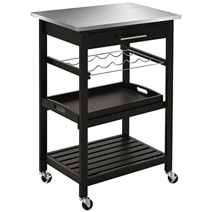 HOMCOM Kitchen Island Cart Rolling Trolley Utility Serving Cart with Stainless Steel Tabletop, Wine Rack & Drawer