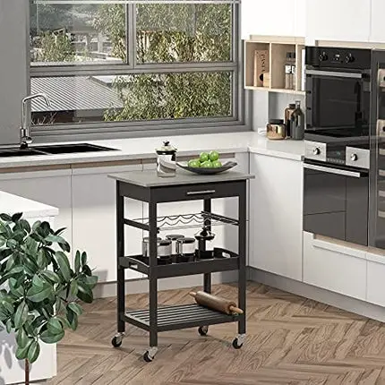 HOMCOM Kitchen Island Cart Rolling Trolley Utility Serving Cart with Stainless Steel Tabletop, Wine Rack & Drawer