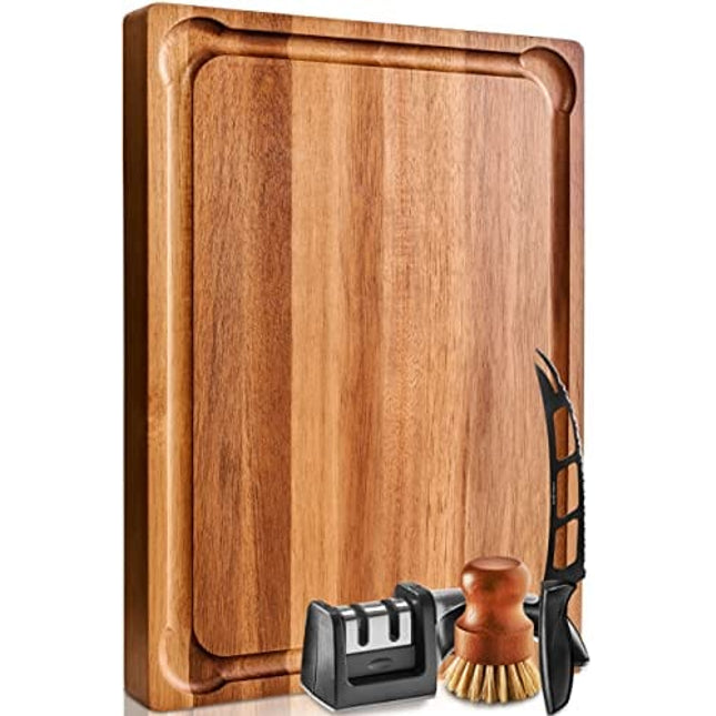 Home Hero X Large Wood Cutting Board 1.5" Thick, Reversible Acacia Wood Charcuterie Board with Handle, Butcher Block Cheese Board with Deep Groove and Bonus Cleaning Brush & Cheese Knife