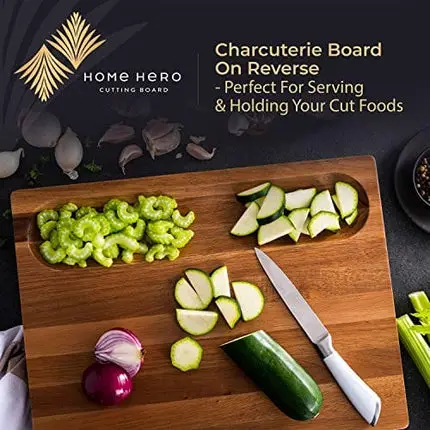 Home Hero X Large Wood Cutting Board 1.5" Thick, Reversible Acacia Wood Charcuterie Board with Handle, Butcher Block Cheese Board with Deep Groove and Bonus Cleaning Brush & Cheese Knife