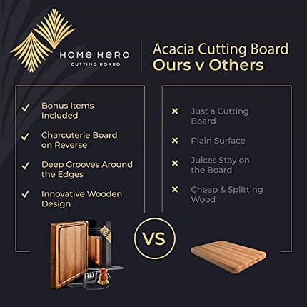 Home Hero X Large Wood Cutting Board 1.5" Thick, Reversible Acacia Wood Charcuterie Board with Handle, Butcher Block Cheese Board with Deep Groove and Bonus Cleaning Brush & Cheese Knife
