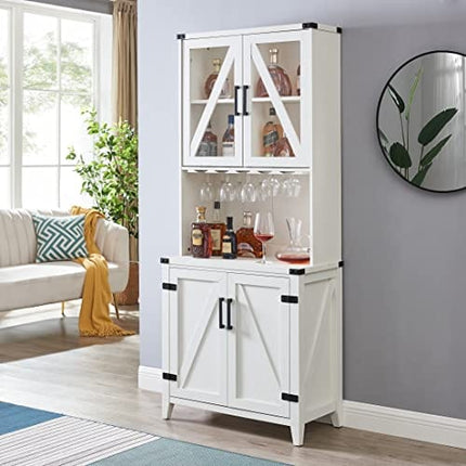 Home Source Bar Cabinet with Upper Glass Cabinet in White Finish