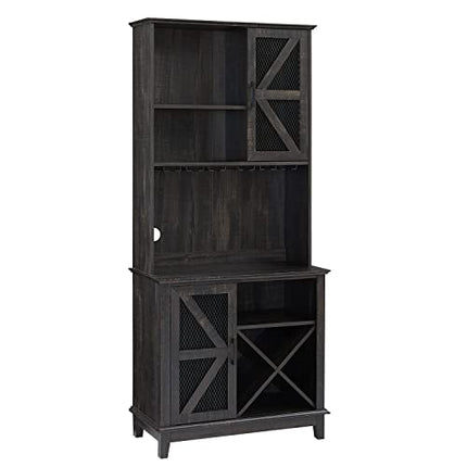 Home Source Lounge or Dining Room Stylish and Modern Charcoal Liquor Bar Cabinet with a Mix of Cabinets and Shelves and Wine Rack