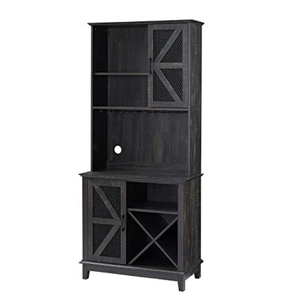 Home Source Lounge or Dining Room Stylish and Modern Charcoal Liquor Bar Cabinet with a Mix of Cabinets and Shelves and Wine Rack