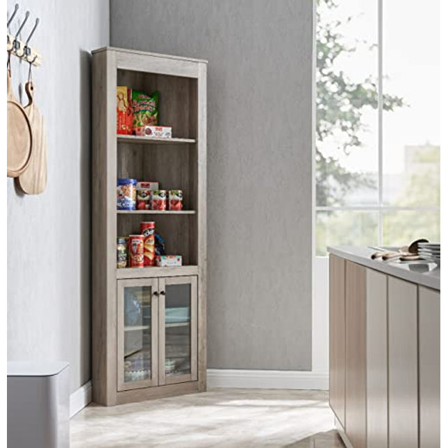 Home Source Stone Grey Bar Cabinet Bookshelf with Glass Doors