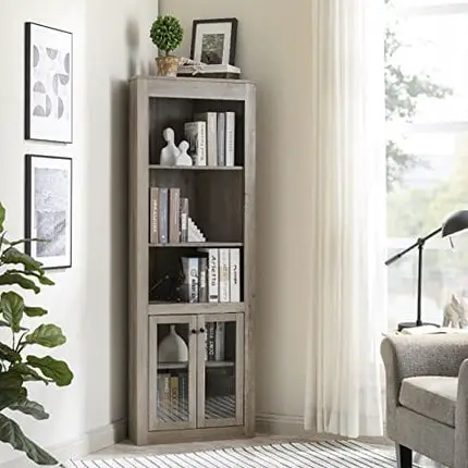 Home Source Stone Grey Bar Cabinet Bookshelf with Glass Doors