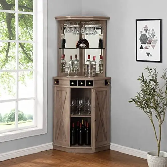 Home Source Stone Grey Corner Bar Unit with Built-in Wine Rack and Lower Cabinet