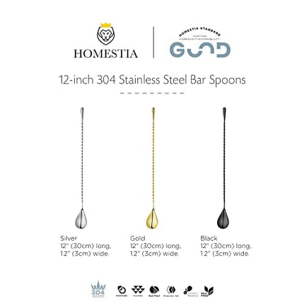 12 Inches Gold Bar Spoon Stainless Steel Mixing Spoon Spiral Pattern Long Handle Cocktail Spoon Pitcher Spoon for Layering, Blending, Stirring all Liquids by Homestia