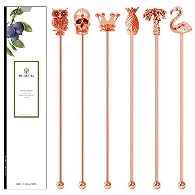Homestia 6 Pcs Rose Gold Coffee Stirrers Stainless Steel 8" Beverage Stir Sticks Drinking Swizzle Sticks with Decor Top for Mixing Cocktail, Hot Cocoa, Creamer