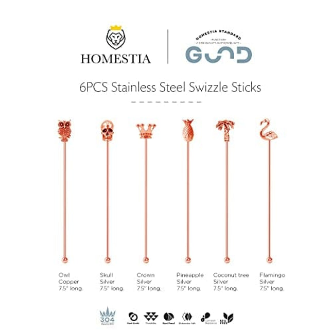 Homestia 6 Pcs Rose Gold Coffee Stirrers Stainless Steel 8" Beverage Stir Sticks Drinking Swizzle Sticks with Decor Top for Mixing Cocktail, Hot Cocoa, Creamer