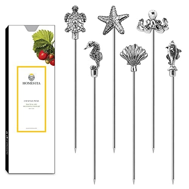 Homestia 6Pcs Metal Cocktail Picks for Drinks, Sea Life Series Martini Picks Olive Martini Picks Cocktail Accessories for Drinks, 4.7" Art Deco Cocktail Toothpicks Cocktail Garnish Cocktail Swords
