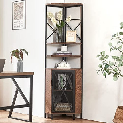 HOMISSUE 5-Tier Corner Shelf with Cabinet, Multipurpose Corner Shelf with Wine Rack and Bar Cabinet, Free Standing Corner Storage Cabinet for Living Room, Home Bar, Home Office, Balcony, Brown
