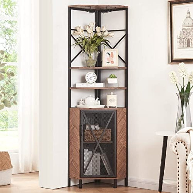 HOMISSUE 5-Tier Corner Shelf with Cabinet, Multipurpose Corner Shelf with Wine Rack and Bar Cabinet, Free Standing Corner Storage Cabinet for Living Room, Home Bar, Home Office, Balcony, Brown